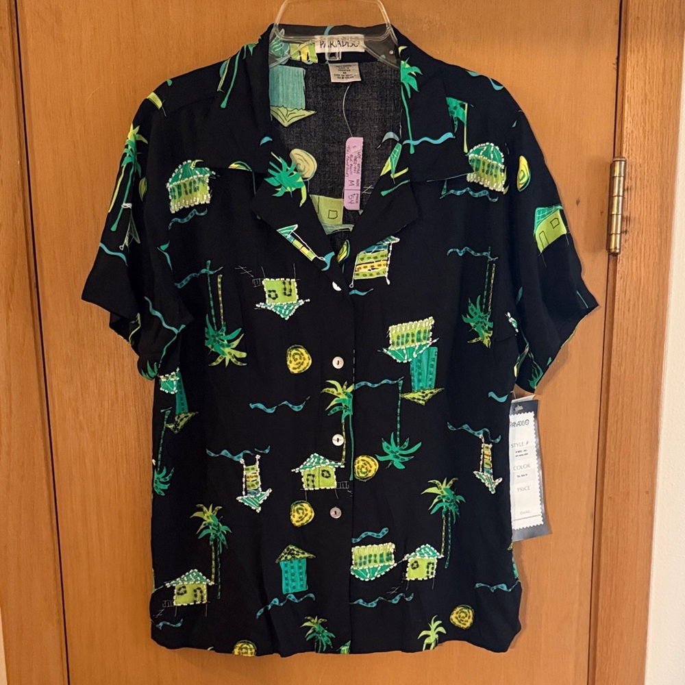 Paradiso Women’s Short Sleeve Beaded Camp Shirt Tropical New Green Size Medium